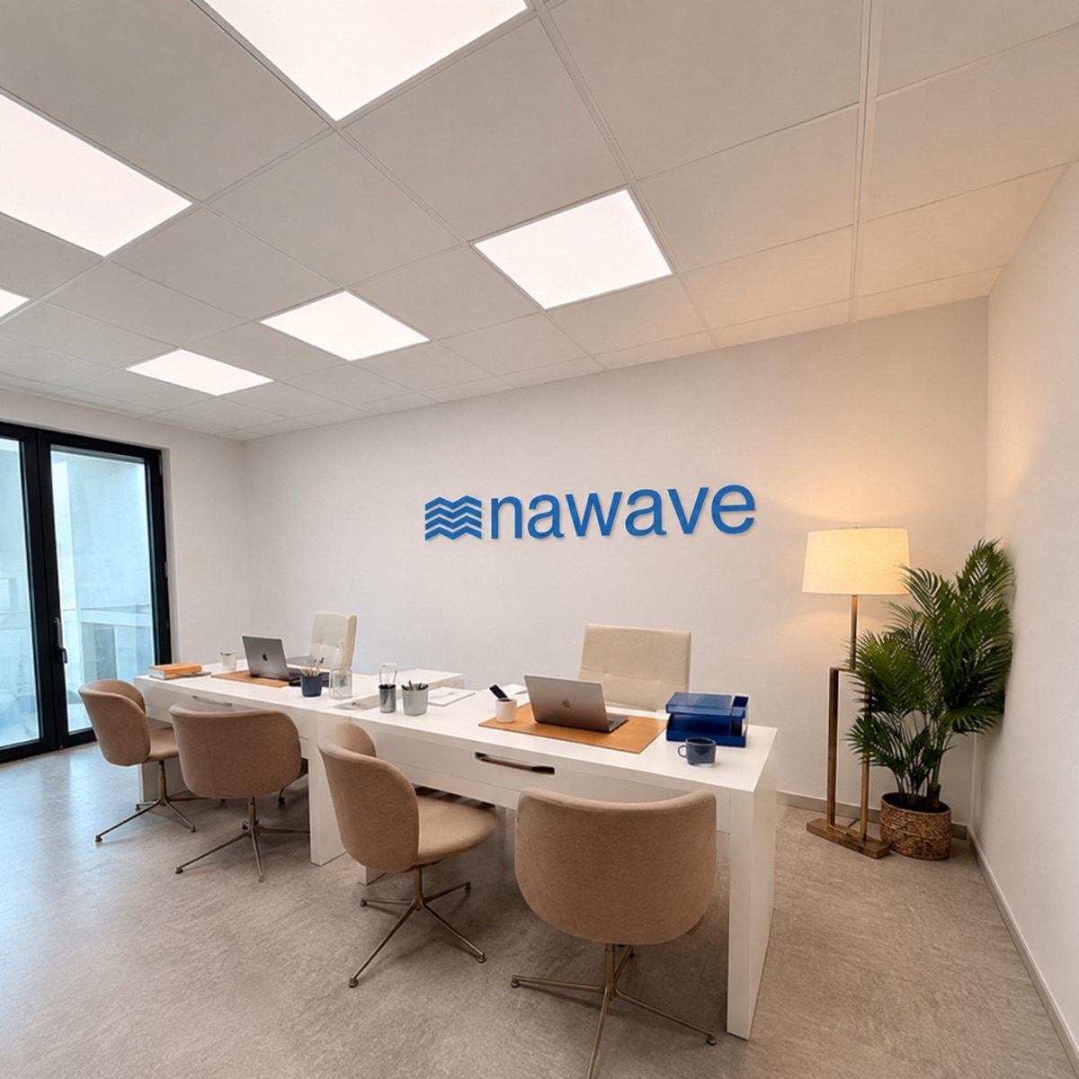 Ufficio interno Nawave con il logo a parete